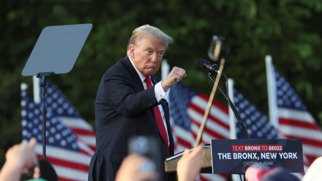 Former U.S. President and Republican presidential candidate Donald Trump holds a campaign rally at Crotona Park in the Bronx borough of New York City, U.S., May 23, 2024.  