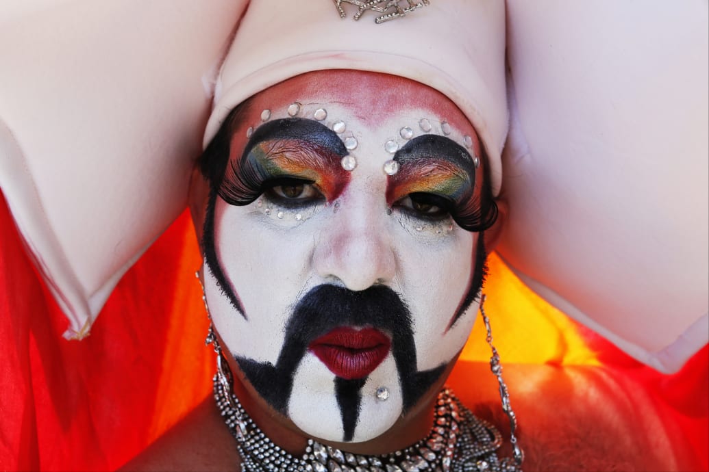 A reveller with The Los Angeles Sisters of Perpetual Indulgence participates during the 43rd annual L.A. LGBT Pride Parade in West Hollywood, California June 9, 2013.