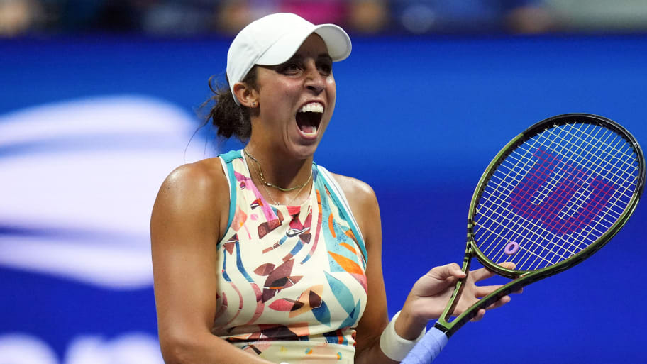 Madison Keys of the United States reacts after making an error against Aryna Sabalenka in a women's singles semifinal on day eleven of the 2023 U.S. Open tennis tournament