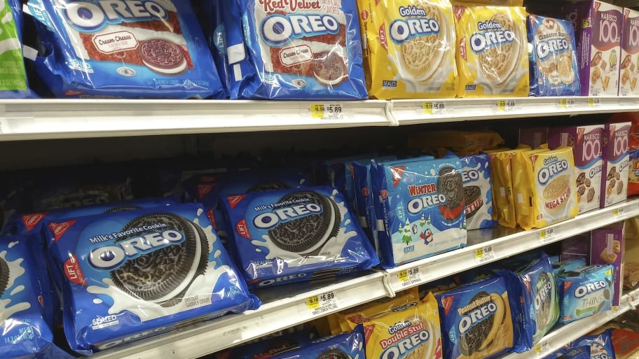 Boxes of Nabisco’s Oreo Cookies in multiple yummy flavors on a supermarket shelf in New York.