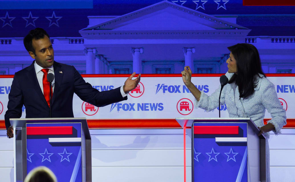 Former biotech executive Vivek Ramaswamy and former South Carolina Governor Nikki Haley debate each other at the first Republican candidates' debate of the 2024 U.S. presidential campaign in Milwaukee, Wisconsin, U.S. August 23, 2023.