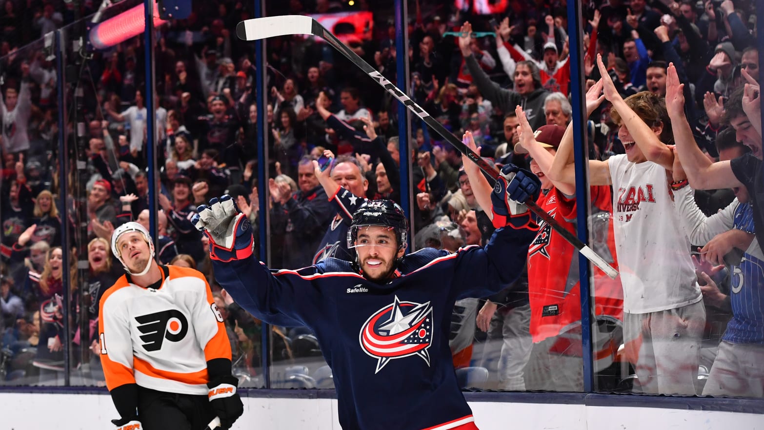 Johnny Gaudreau celebrates after scoring a goal against the Philadelphia Flyers at Nationwide Arena on Nov. 10, 2022.