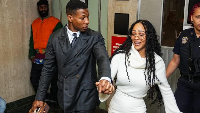 Actor Jonathan Majors and Meagan Good leave the courthouse following closing arguments in Majors' domestic violence trial at Manhattan Criminal Court