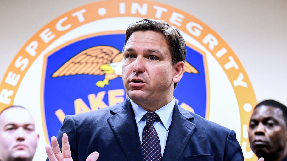 Florida Governor Ron DeSantis speaks at a press conference at the Lakeland, Florida Police Department in 2021