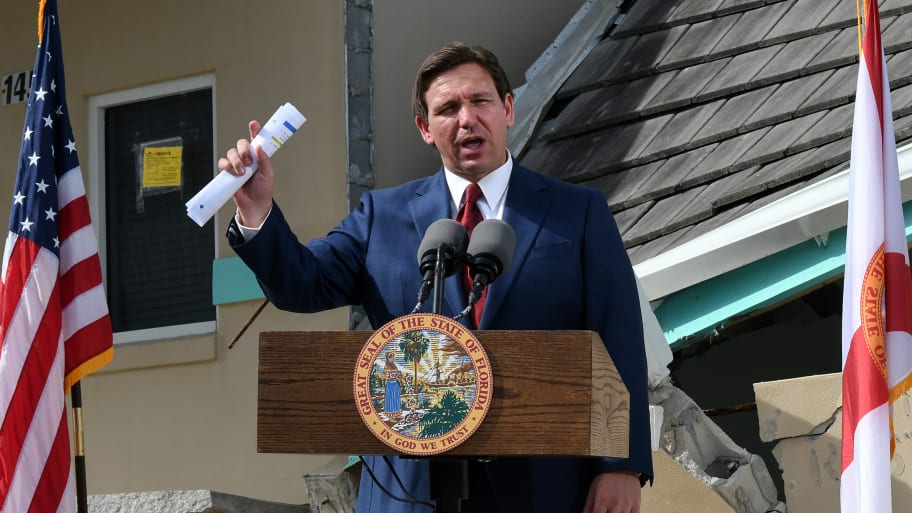 Florida Gov. Ron DeSantis speaks at a press conference to announce the award of $100 million for beach recovery following Hurricanes Ian and Nicole in Daytona Beach Shores in Florida.