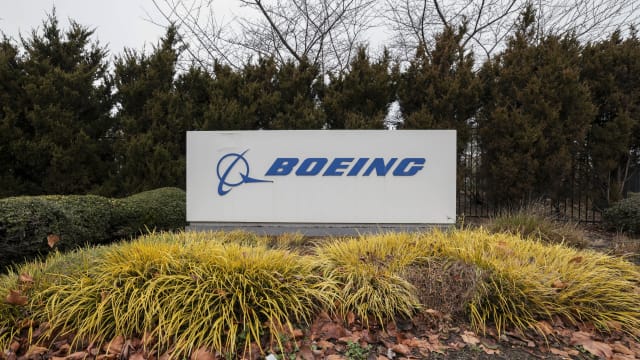 The Boeing logo is pictured as Boeing's 737 factory teams hold the first day of a "Quality Stand Down" for the 737 program at Boeing's factory in Renton, Washington on January 25, 2024. 