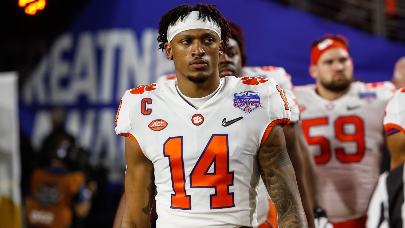 Clemson Tigers wide receiver Diondre Overton (14) walks onto the field before the Fiesta Bowl college football playoff semi final game 