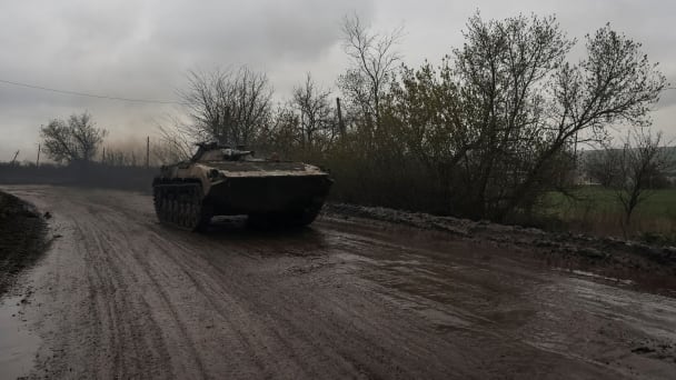 An infantry fighting vehicle on a road to the front line town of Bakhmut