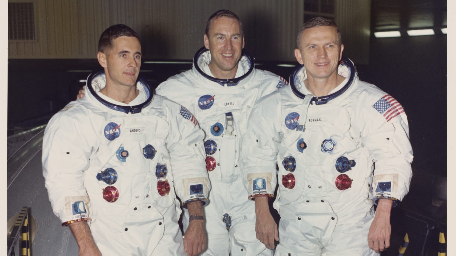The prime crew of the Apollo 8 mission in 1968. From left to right, they are Lunar Module Pilot William A Anders, Command Module Pilot James A Lovell Jr,  and Commander Frank F Borman II