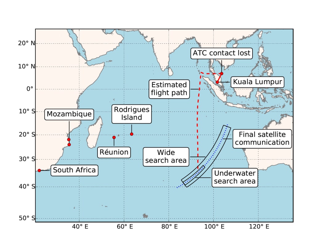 A map of the estimated flight path of MH370