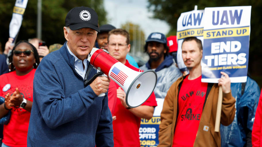 U.S. President Joe Biden joins striking members of the United Auto Workers (UAW) on the picket line
