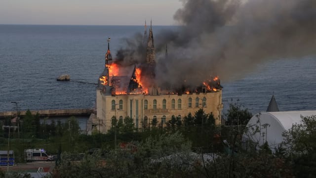 A building known locally as the “Harry Potter” was set on fire in what local officials described as a fatal Russian missile strike in Odesa, Ukraine. 