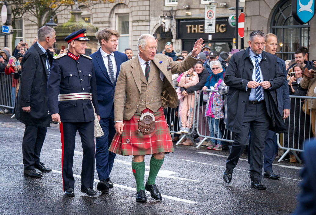 King Charles III meets the crowds on Union Street during a visit to Aberdeen Town House to meet families who have settled in Aberdeen from Afghanistan, Syria and Ukraine, in Aberdeen, Scotland, October 17, 2022.