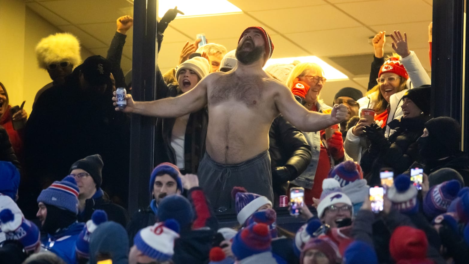 Jason Kelce reacts after the Kansas City Chiefs score against the Buffalo Bills.