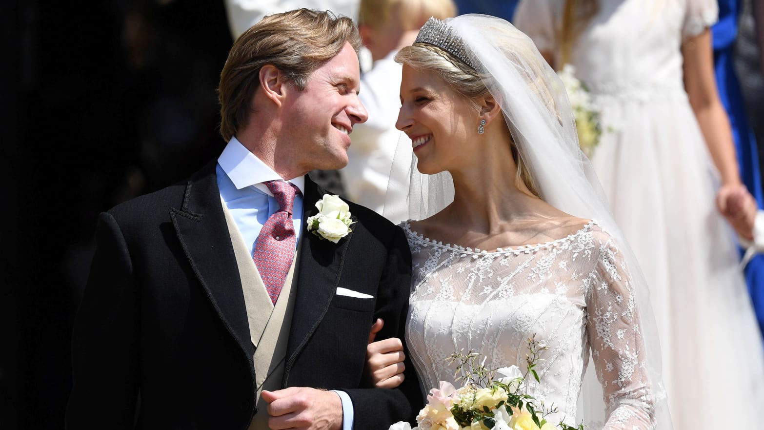 Lady Gabriella Windsor and Thomas Kingston leave St George’s Chapel after their wedding.