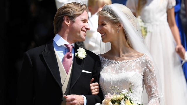 Lady Gabriella Windsor and Thomas Kingston leave St George’s Chapel after their wedding.