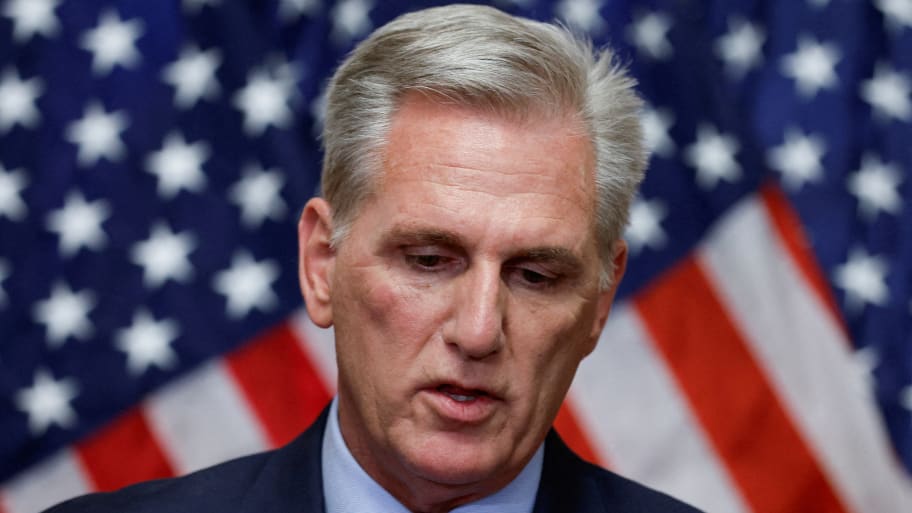 Kevin McCarthy (R-CA) speaks to reporters after he was ousted from the position of Speaker