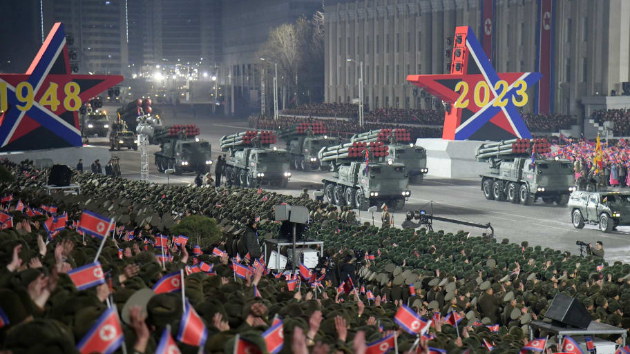 Military vehicles take part in a military parade to mark the 75th founding anniversary of North Korea's army, at Kim Il Sung Square in Pyongyang.