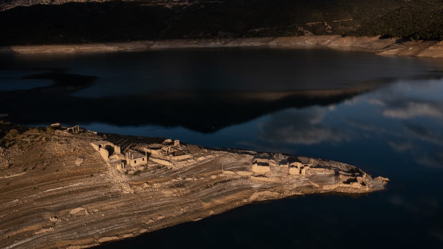 An aerial photo of Lake Mornos in Greece.  