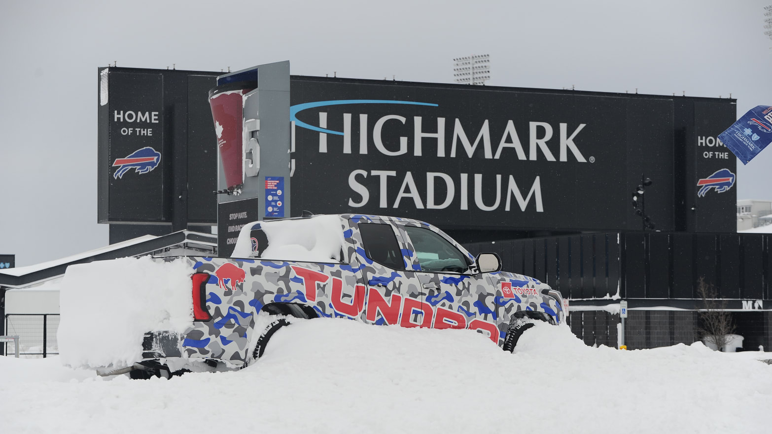 Highmark Stadium, home of the Buffalo Bills, is surrounded by snow as seen from Abbott Road on December 26, 2022 in Orchard Park, New York.