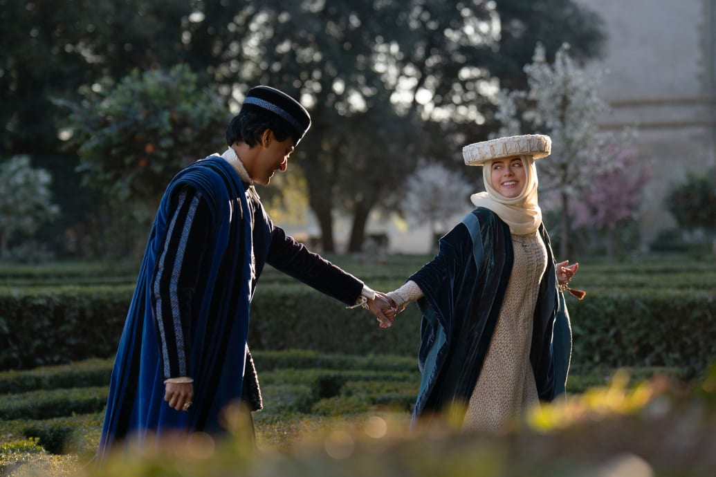 A still from Netflix’s The Decameron showing Karan Gill as Panfilo and Lou Gala as Neifile in Episode 101.