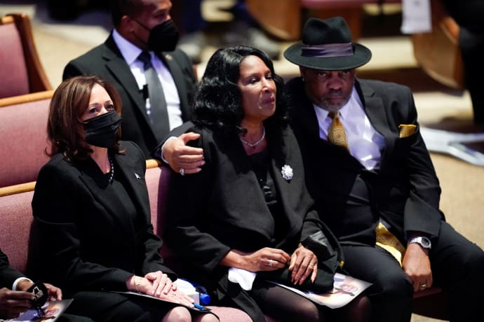 Vice President Kamala Harris sits with Tyre Nichols’ mom RowVaughn Wells and stepfather Rodney Wells during the funeral service.