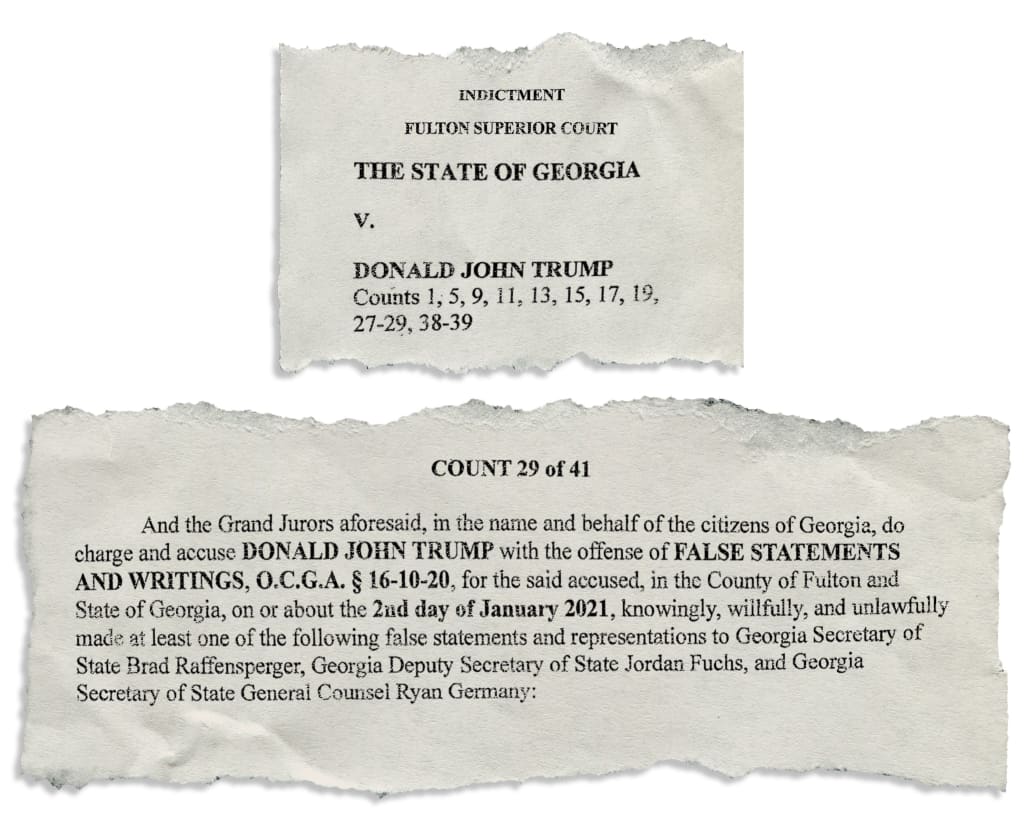 Tear-sheet of snippets of the Fani Willis Georgia indictment against President Trump
