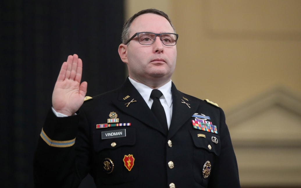 Alexander Vindman, when being sworn in to testify before a House Intelligence Committee hearing as part of the impeachment inquiry into U.S. President Donald Trump on Capitol Hill in Washington, U.S., November 19, 2019.