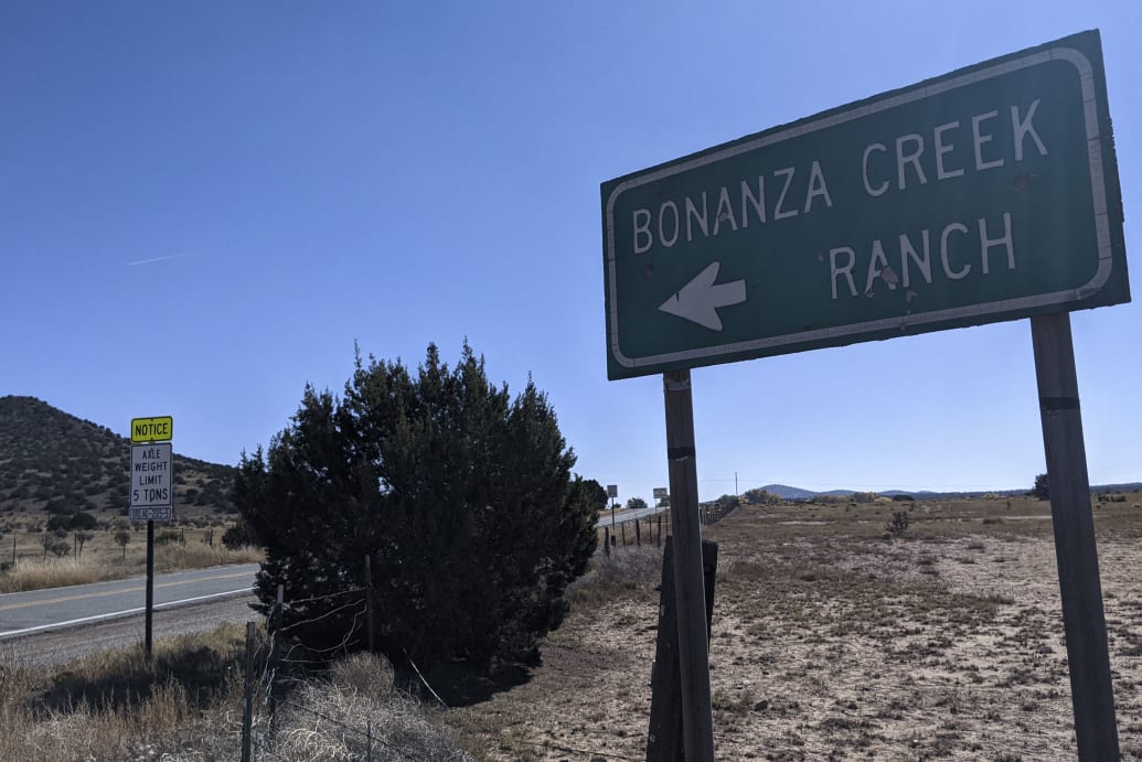 A sign points to the Bonanza Creek Ranch in Santa Fe, New Mexico, on October 22, 2021.