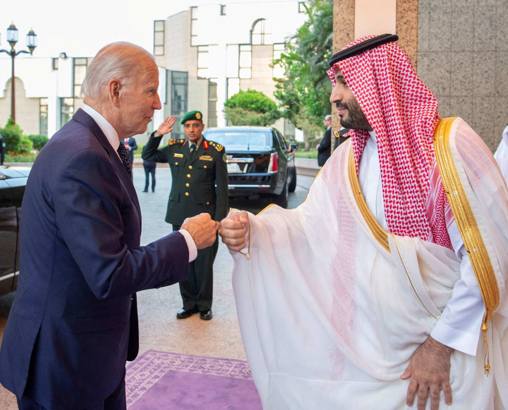 Photo of Joe Biden and Mohammed Bin Salman of Saudi Arabia fist bumping.