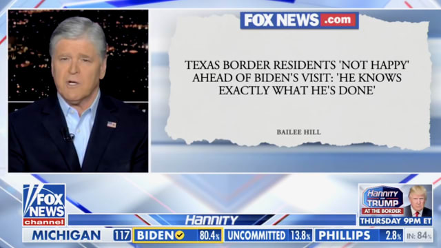 Sean Hannity rages at President Joe Biden’s visit to the border before immediately plugging Fox News’ coverage of Trump’s trip to the border on the same day. 