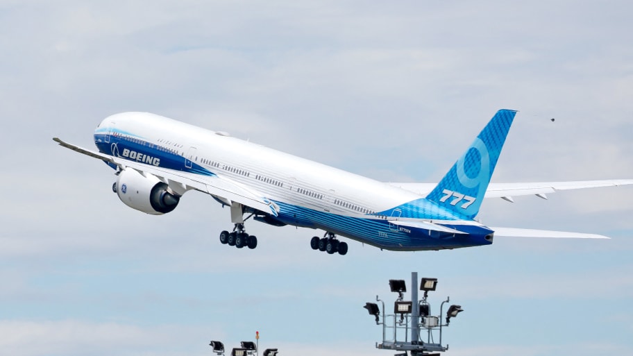 A 777X flight test aircraft takes off from Paine Field on June 26, 2024, in Everett, Washington.