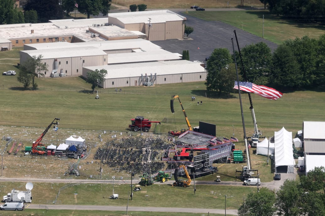 An aerial view shows the stage where Donald Trump was speaking in Butler