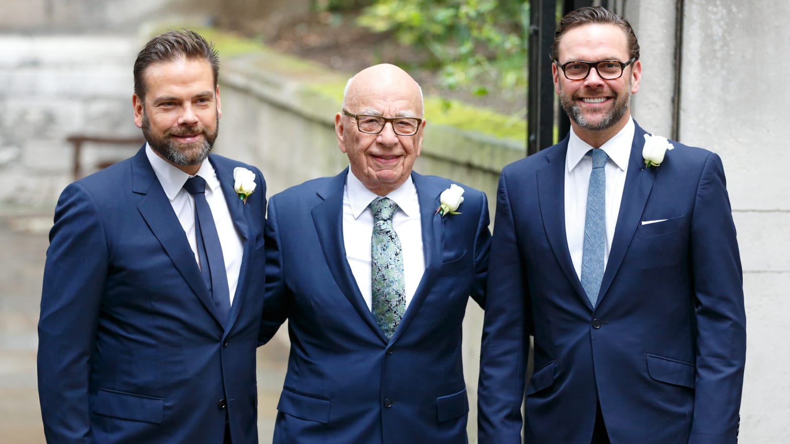 Rupert Murdoch with his sons Lachlan Murdoch (L) and James Murdoch (R) arrives at St Bride's Church for a service to celebrate his marriage to Jerry Hall on March 5, 2016 in London, England.