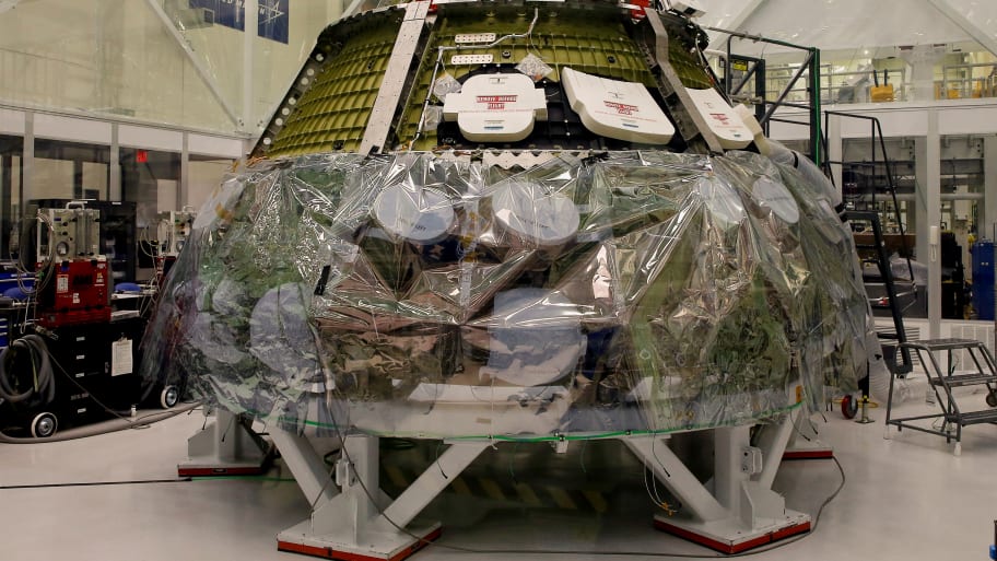 The NASA Artemis program moon rocket's Orion crew capsule is shown during a media event at the Kennedy Space Center in Cape Canaveral, Florida.