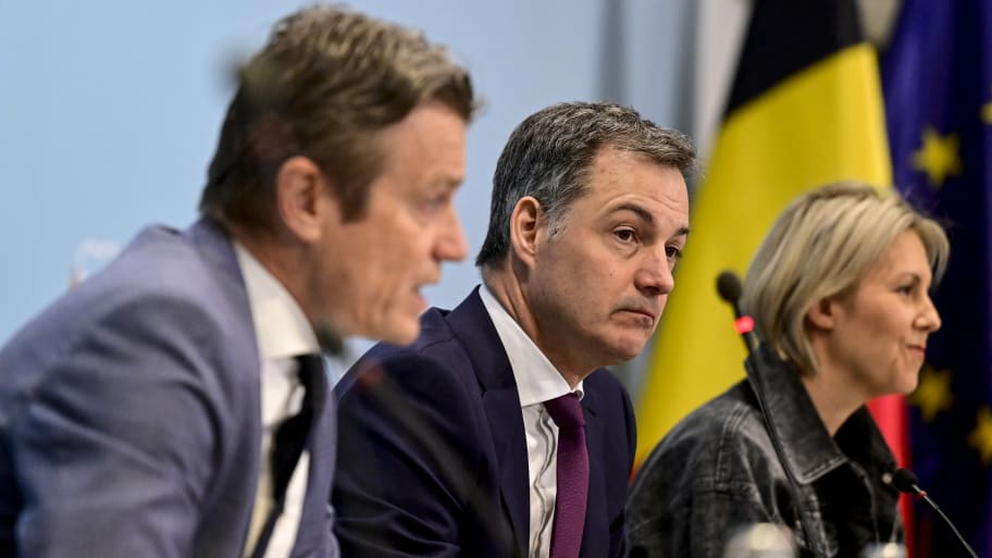 (from L) Belgium's Justice minister Paul Van Tigchelt, Prime Minister Alexander De Croo and Defence minister Ludivine Dedonder attend a press conference following the meeting of the National Security Council on March 27, 2024 in Brussels.