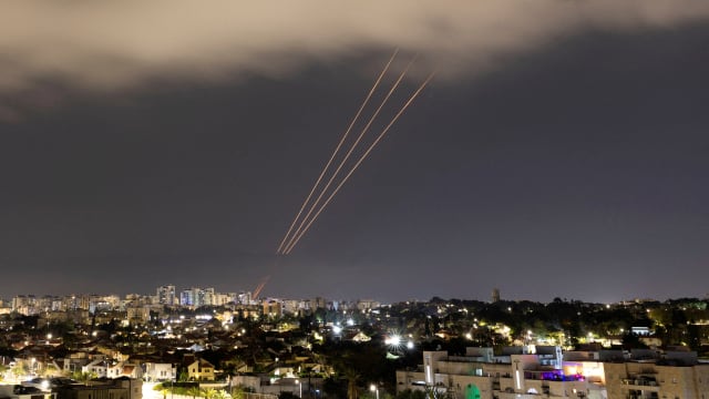 Israeli air defense shoots down an incoming missile over Israel.