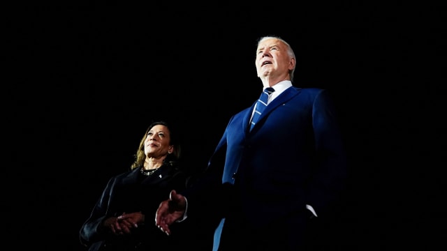 U.S. President Joe Biden and Vice President, running for President, Kamala Harris speaks to the press following the arrival of US prisoners who were released from detention in Russia at Joint Base Andrews in Maryland, U.S., August 1, 2024.