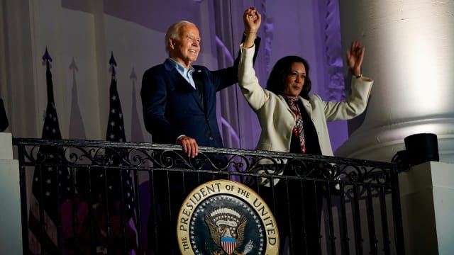 President Joe Biden and Vice President Kamala Harris appear together on a balcony at the White House an Independence Day celebration in Washington, D.C. on July 4, 2024.