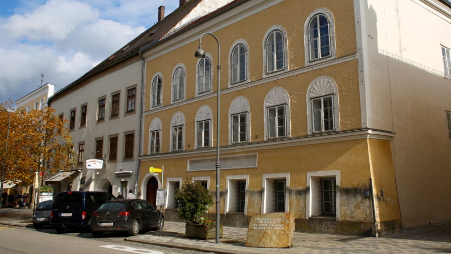 A yellow two-story building where Adolf Hitler was born in Austria.