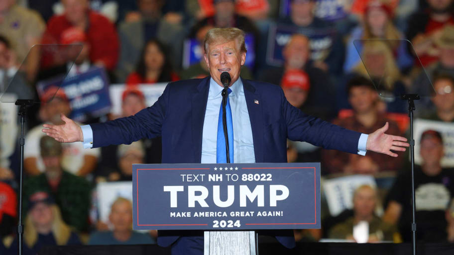 Donald Trump speaks during a campaign rally in Claremont, New Hampshire, Nov. 11, 2023. 