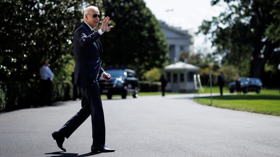 U.S. President Joe Biden walks on the South Lawn at the White House in Washington, D.C., the United States on Aug. 17, 2023