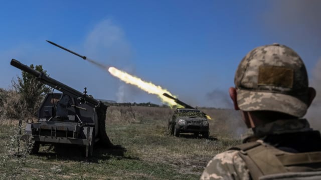 Ukrainian servicemen fire small multiple launch rocket systems towards Russian troops, amid Russia's attack on Ukraine, near a front line in Zaporizhzhia region, Ukraine August 19, 2023. 