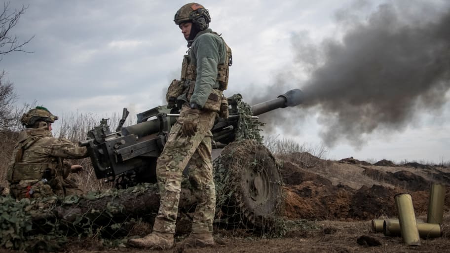Ukrainian forces firing a mortar