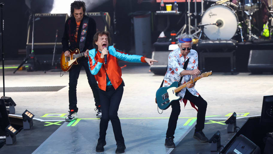 Mick Jagger, Ronnie Wood and Keith Richards of The Rolling Stones perform
