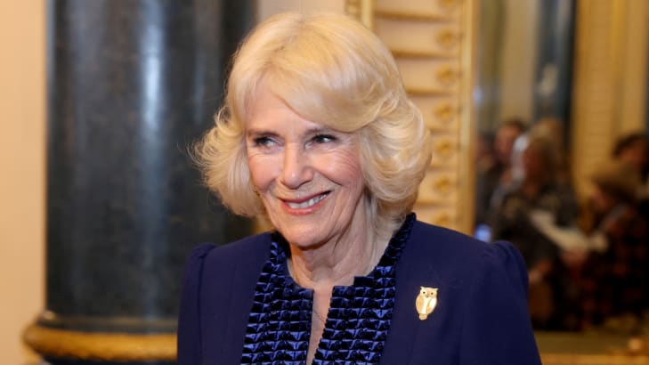 Queen Camilla at a reception for the BBC's 500 Words Finalists at Buckingham Palace on Feb. 28, 2024 in London, Britain.