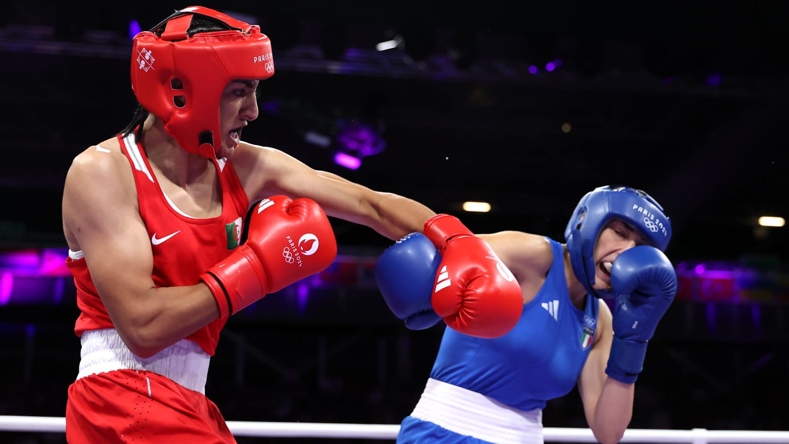 Imane Khelif lands a punch on Angela Carini at the Paris Olympics.