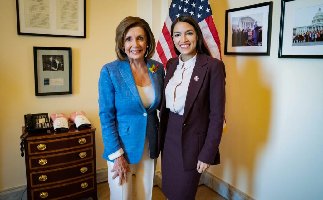 U.S. Speaker of the House Nancy Pelosi (D-CA) poses with Rep. Alexandria Ocasio-Cortez (D-NY) 