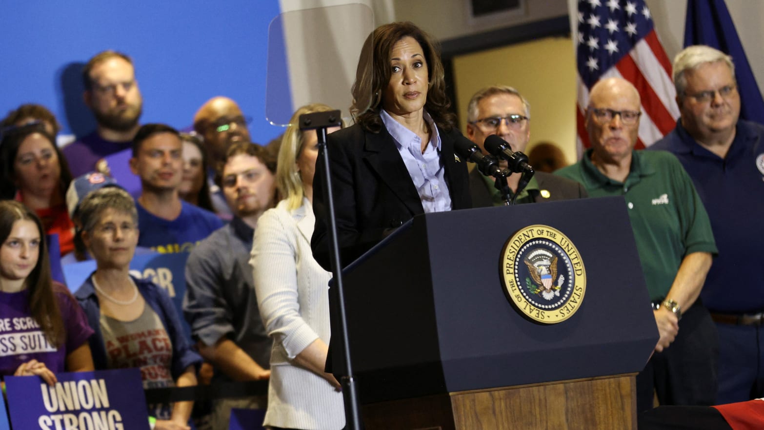 Democratic presidential nominee and U.S. Vice President Kamala Harris speaks on stage during a Labor Day campaign event, at IBEW Local Union 5 in Pittsburgh, Pennsylvania, U.S., September 2, 2024. 