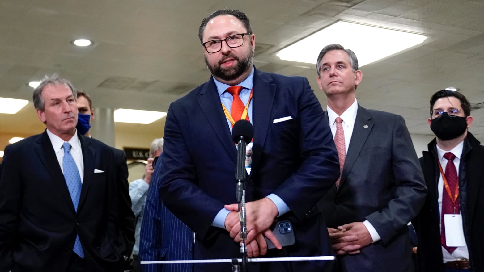 Jason Miller, former senior advisor to 2020 Trump campaign, speaks to members of the media after the Senate voted to acquit former President Trump during his impeachment trial in Washington, U.S. February 13, 2021.